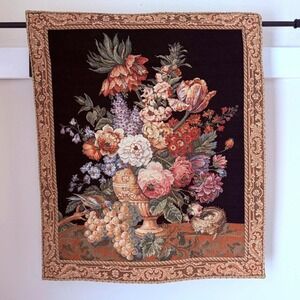 Brussels Bouquet Black European Tapestry Vase of Flowers 26x29